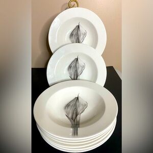 Set Of 8 222 Fifth Botanica Calla Lily Soup Bowls Wide Rim Flower  9”